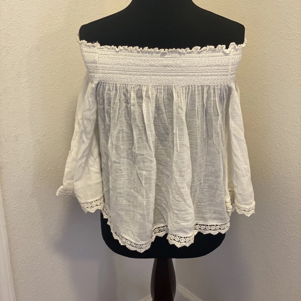 2 FOR $20 Zara Trafaluc Collection Off The Shoulder Cream Blouse Smocked Crop M - Picture 6 of 9